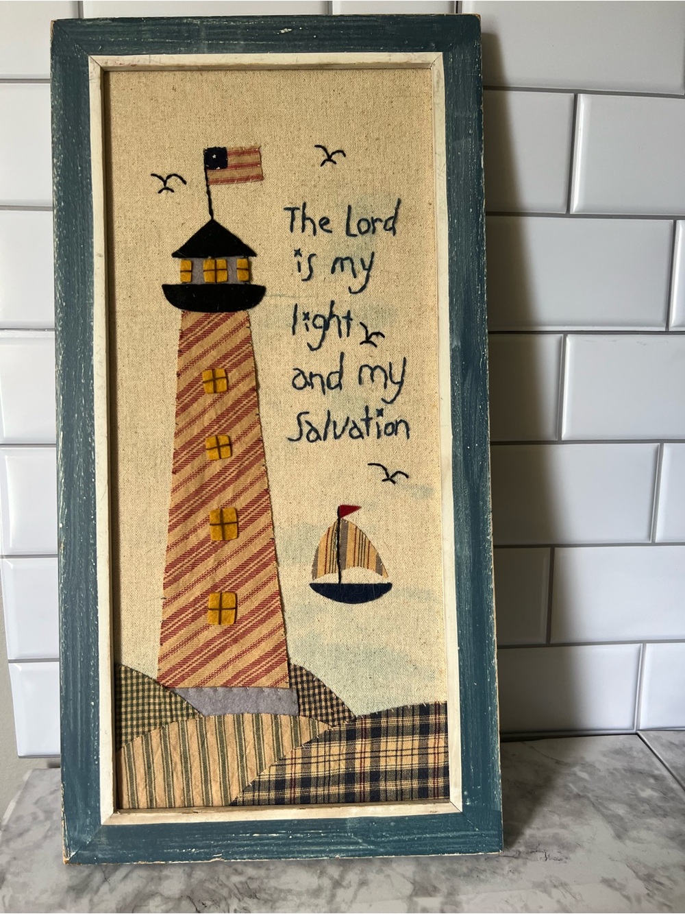 Vintage Lighthouse Fabric Art Framed